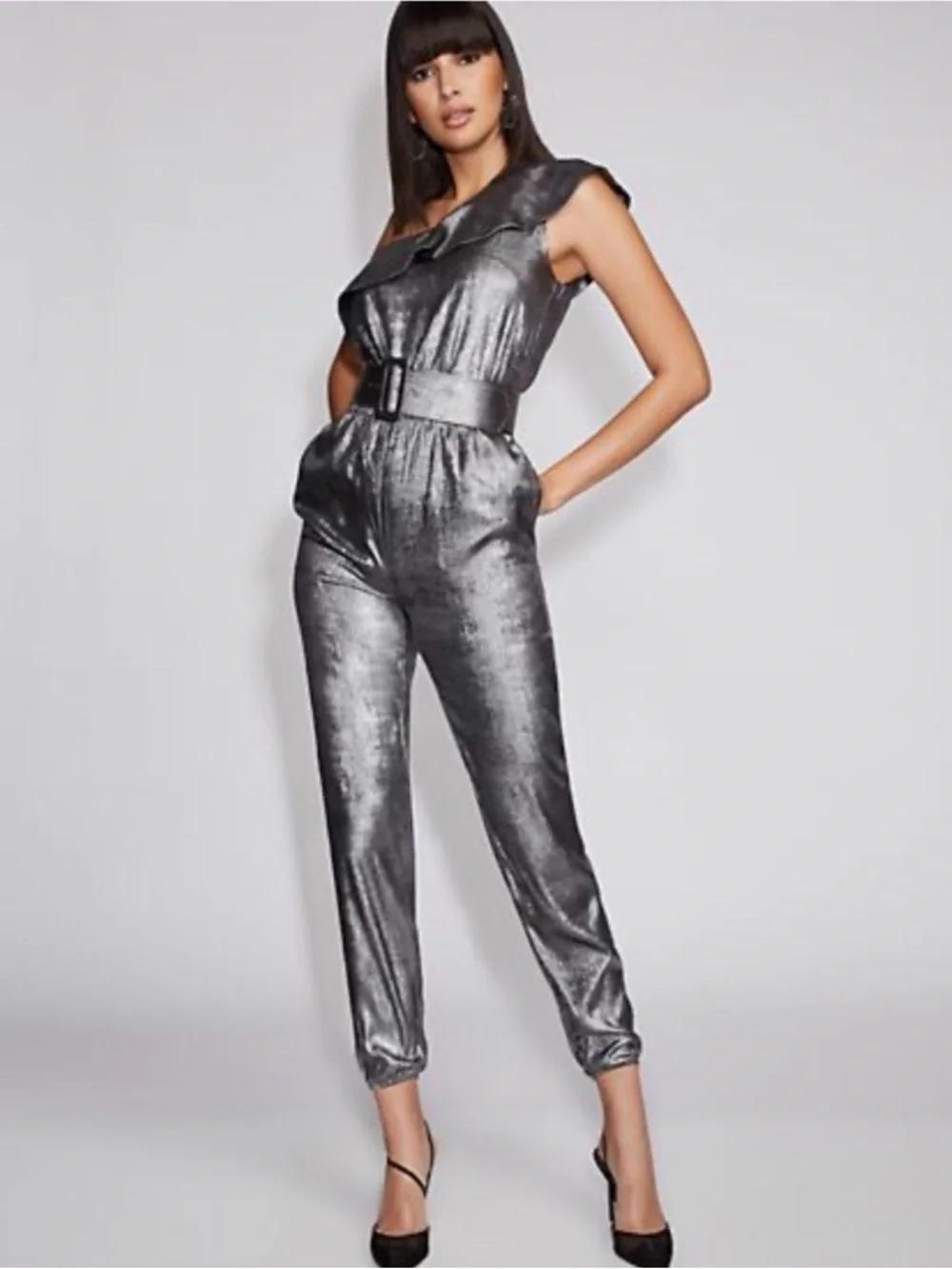 New York & Company Gabrielle Union Collection Elegant Silver Jumpsuit - Picture 1 of 12